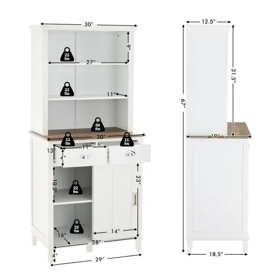 Freestanding Kitchen Pantry with Hutch Sliding Door and Drawer-White {4}