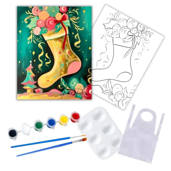 "Whimsical Stocking" DIY Canvas Art Kit, Adult Beginner, Acrylic Paint Size 11x14 inch {1}