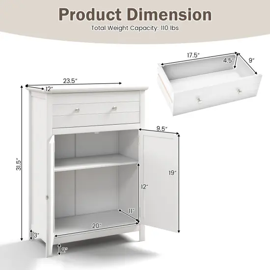 2-Door Freestanding Bathroom Cabinet with Drawer and Adjustable Shelf White {4}