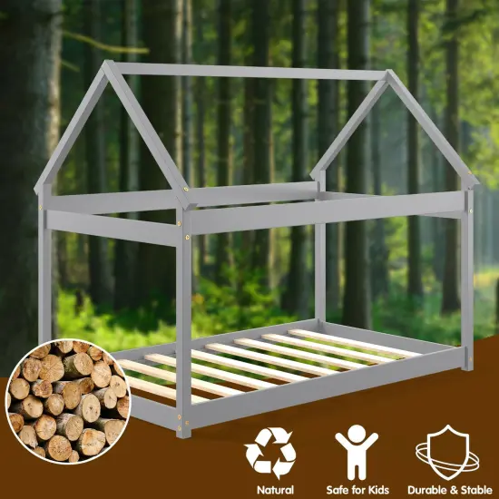 Twin Size Wood House Bed for Kids, Sturdy and Easy Setup Grey {5}