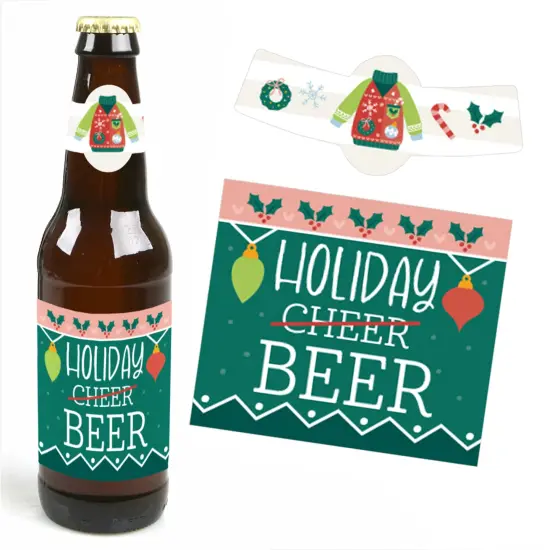 Big Dot of Happiness Colorful Christmas Sweaters - Ugly Sweater Holiday Party Decorations - 6 Beer Bottle Label Stickers and 1 Carrier {6}