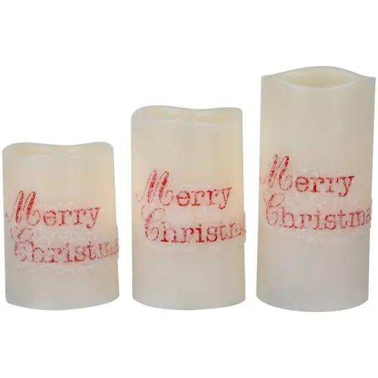 Northlight LED Flameless Frosted "Merry Christmas" Wax Pillar Candles - 6" - Set of 3 White {1}