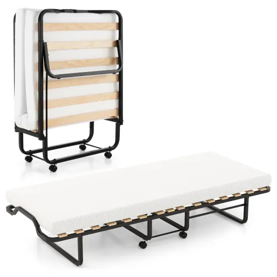 Twin Size Folding Bed with Foam Mattress and Lockable Wheels {1}