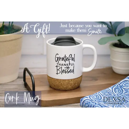 Dexsa Grateful Thankful Blessed Designer Cork Bottom Mug with Lid - 14 oz {3}
