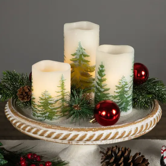 Northlight LED Flameless Frosted Pines Flickering Wax Pillar Christmas Candles - 6" - Set of 3 White {4}