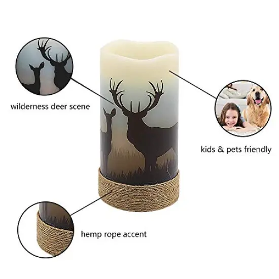 Flameless Flickering Led Candles with Hemp Rope and 6H Timer, Battery Operated Set of 3 Real Wax Pillar Rustic Candles Warm Light with Deer, Moose, Bear Decals Decor Christmas Home(D3 x H6) {4}