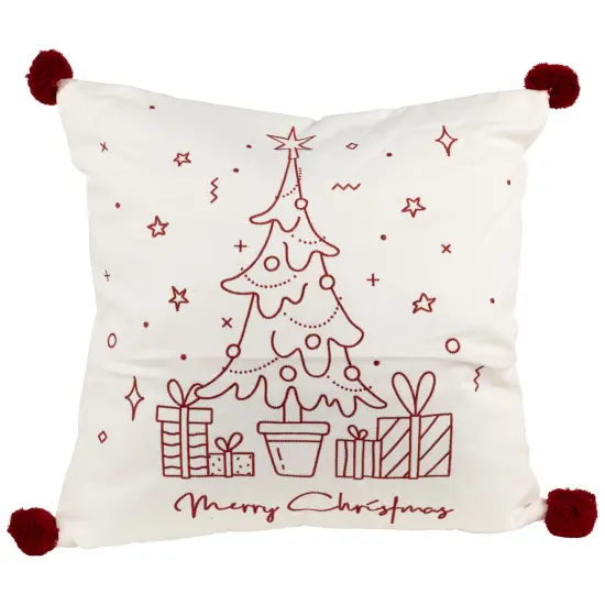 Northlight 16" White and Red Christmas Tree Embroidered Square Throw Pillow with PomPoms {1}