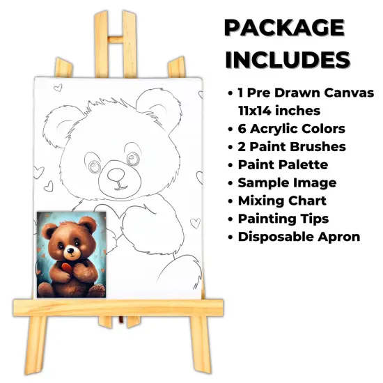 "Heart Teddy" DIY Canvas Art Kit, Adult Beginner, Acrylic Paint Size 11x14 inch {2}