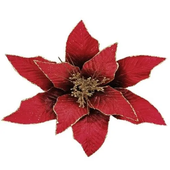 24" Red Velvet Poinsettia Flower with Gold Glitter Edge – Elegant Christmas Floral Decoration {1}