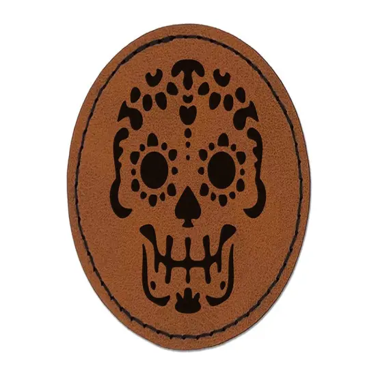 Mexican Day of the Dead Sugar Skull Skeleton Round Iron-On Engraved Faux Leather Patch Applique - 2.5" Brown {1}
