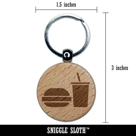 Hamburger and Soda Food Drink Icon Engraved Wood Round Keychain Tag Charm {2}