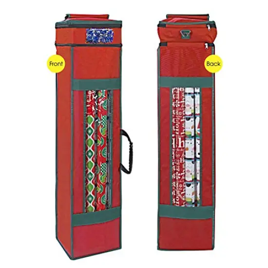 Wrapping Paper Storage Bag with Pocket and Handles Including Hanging Loop Heavy Duty Material with Clear Window 47 x 10 x 10 Inch Fits 40 Inch Long Rolls (Red, 1 Count) {1}