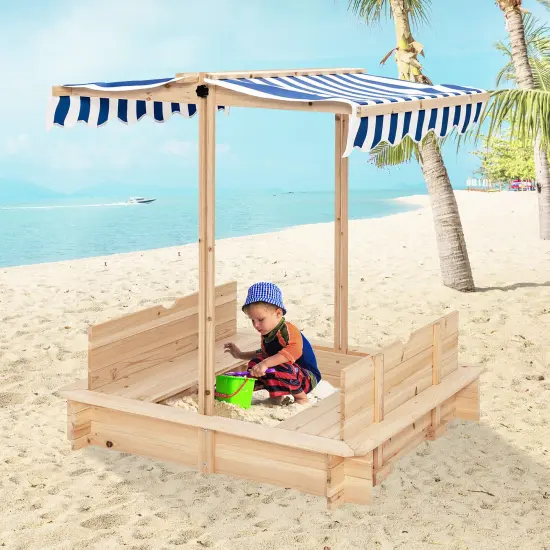 Kids Wooden Sandbox with Canopy and Foldable Bench Seats {6}