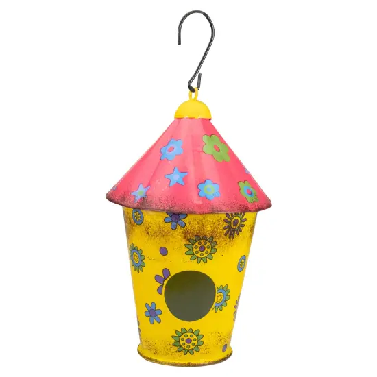 Northlight 7.75" Red and Yellow Metal Birdhouse with Flowers {1}