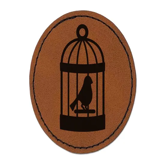 Bird Cage with Bird Round Iron-On Engraved Faux Leather Patch Applique - 2.5" Brown {1}