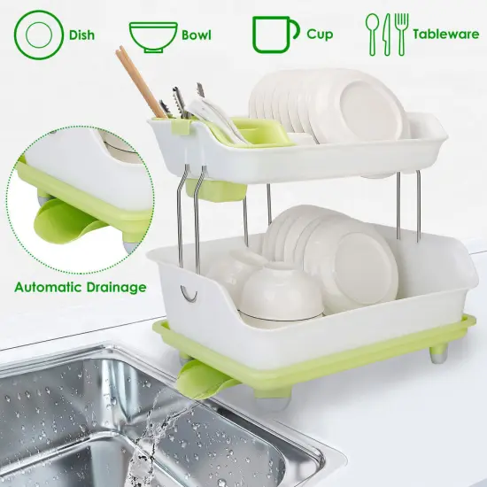 2 Tier Kitchen Dish Rack Plate Cup Drying Drainer Tray {2}