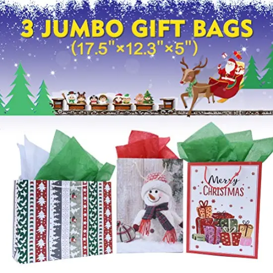 16 Pieces Christmas Bags Bulk Set Includes Assorted Sizes 3 Jumbo 5 Large 6 Medium 2 Wine Bags 16 Count Glitter Design with 12 Sheets Tissue Paper {6}