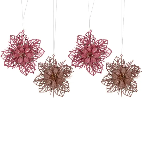 Northlight Pack of 4 Glittered Pink Poinsettia Christmas Ornaments 6" {1}
