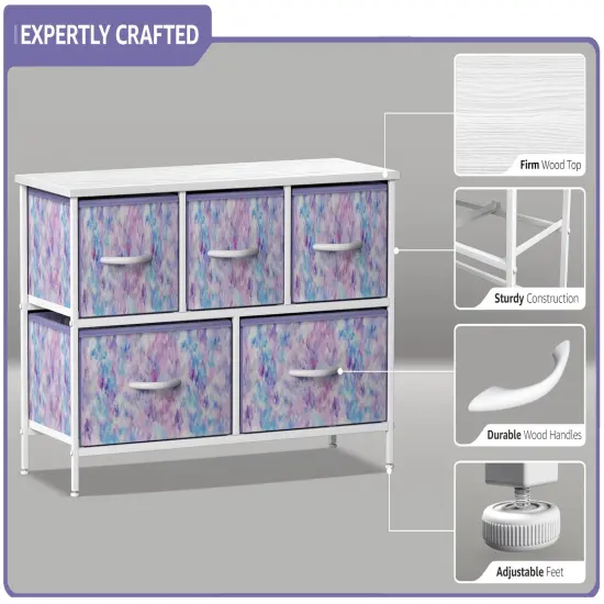 Sorbus Dresser with 5 Drawers - Storage Chest Organizer Unit with Steel Frame, Wood Top, Easy Pull Fabric Bins - Long Wide TV Stand for Bedroom Furniture, Hallway, Closet & Office Organization Tie Dye Purple {4}