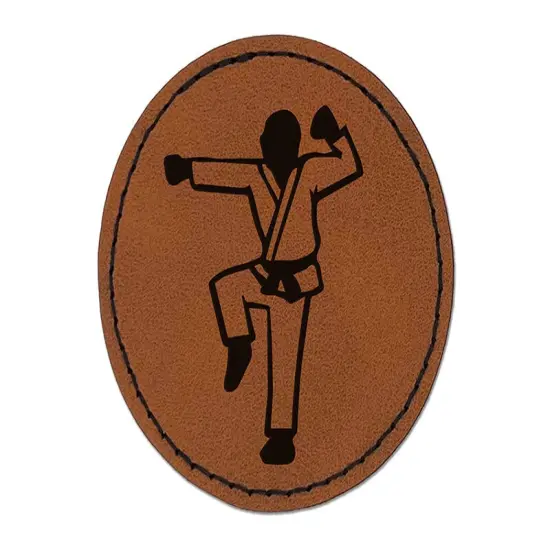 Kung Fu Martial Arts Hang Stance Karate Gi Round Iron-On Engraved Faux Leather Patch Applique - 2.5" Brown {1}