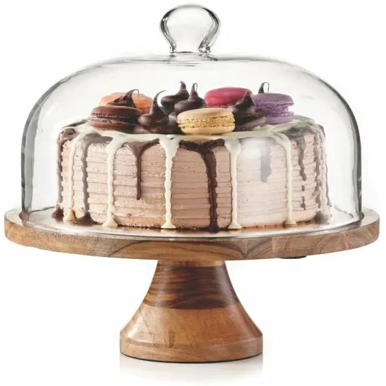 Wood Cake Stand with Glass Dome: Transformable to Cheese Board. {1}