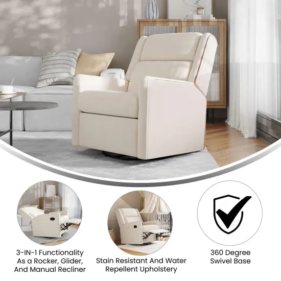 Merrick Lane Dara 3-in-1 Traditional Manual Recliner Rocker Swivel Glider Chair Cream {2}
