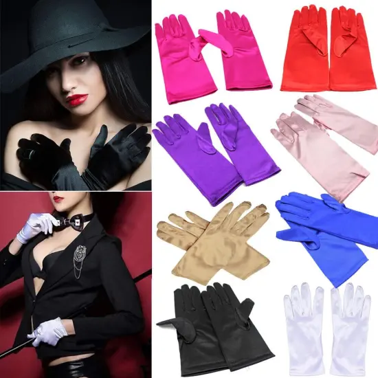 Short Smooth Satin Wrist Gloves for Evening Events Red {3}
