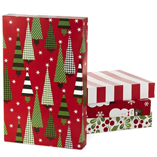 Hallmark Christmas Gift Boxes with Lids in Assorted Designs (Pack of 12: Trees, Stripes, Snowmen, Holly) Red, Green and White Patterned Shirt Boxes for Wrapping Gifts {1}