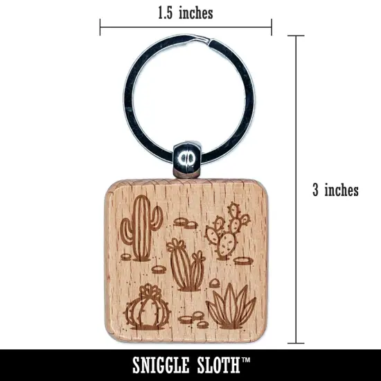 Cactuses Succulent and Stones Engraved Wood Square Keychain Tag Charm {2}