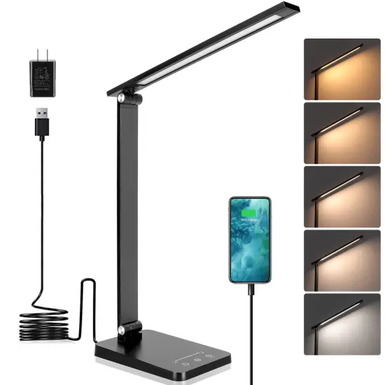 Desk Lamp, LED Desk Lamp, Desk Lamp for Home Office, 5 Color Modes Dimmable Desk Light, Desk Lamp with USB Charging Port, Office Lamp, Small Desk Lamps, Study Lamp, Reading Light, Table Lamp, Black {2}