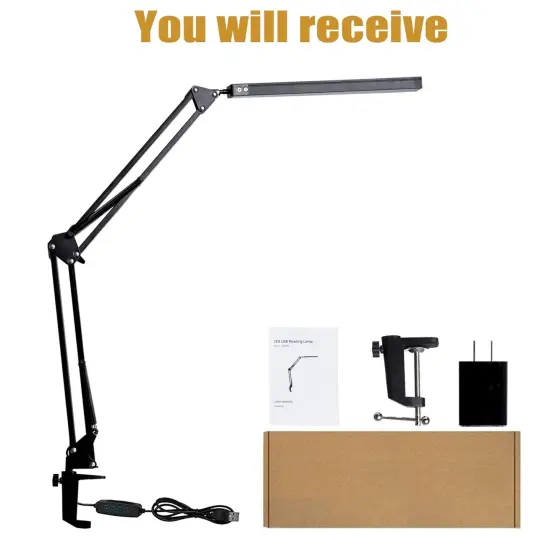 LED Desk Lamp, Adjustable Swing Arm Lamp with Clamp, Eye-Caring Reading Light, 10 Brightness Levels, 3 Lighting Modes, Memory Function Lamps for Home Office Adapter (Black) {2}
