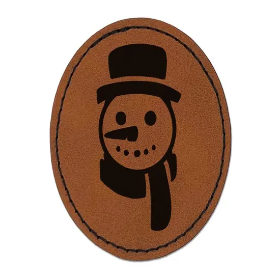Snowman Face with Scarf Winter Round Iron-On Engraved Faux Leather Patch Applique - 2.5" Brown {1}