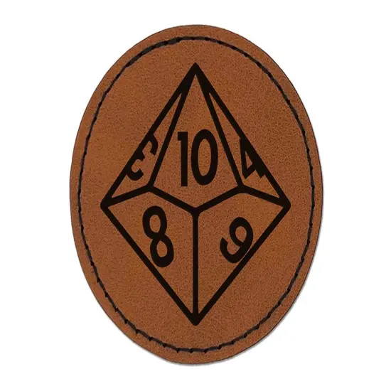 D10 10 Sided Gaming Gamer Dice Critical Role Round Iron-On Engraved Faux Leather Patch Applique - 2.5" Brown {1}