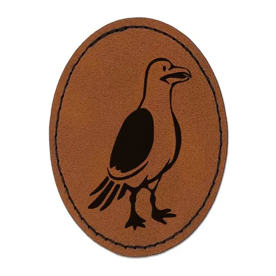 Standing Seagull Bird Round Iron-On Engraved Faux Leather Patch Applique - 2.5" Brown {1}