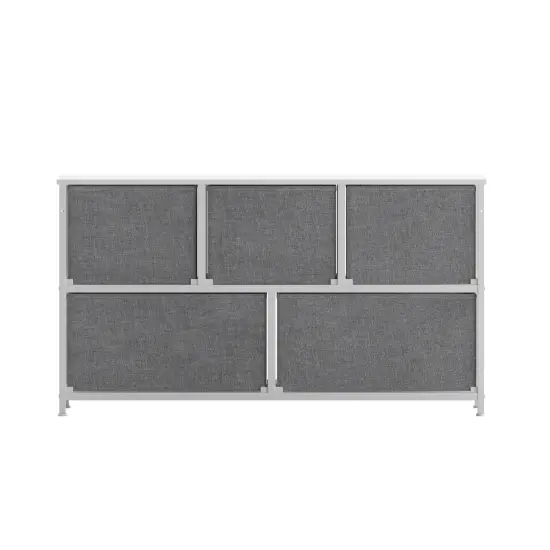 Emma and Oliver Marley 5 Drawer Storage Dresser with Cast Iron Frame, Wood Top and Easy Pull Fabric Drawers with Wooden Handles GrayDrawers/White {4}