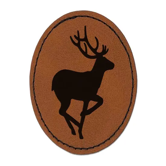 Deer Buck in Profile Solid Round Iron-On Engraved Faux Leather Patch Applique - 2.5" Brown {1}