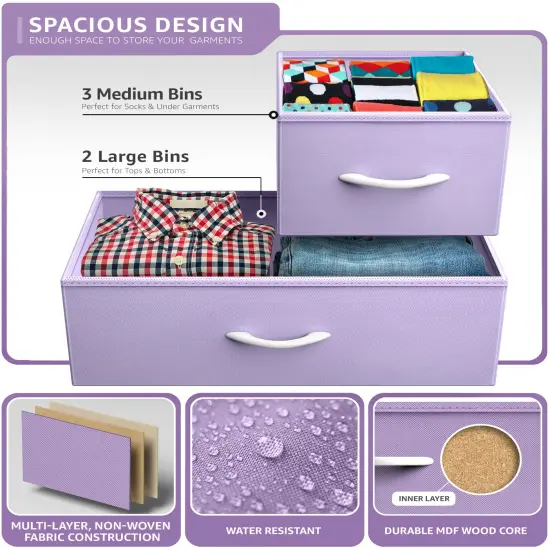 Sorbus Dresser with 5 Drawers - Storage Chest Organizer Unit with Steel Frame, Wood Top, Easy Pull Fabric Bins - Long Wide TV Stand for Bedroom Furniture, Hallway, Closet & Office Organization Purple {5}