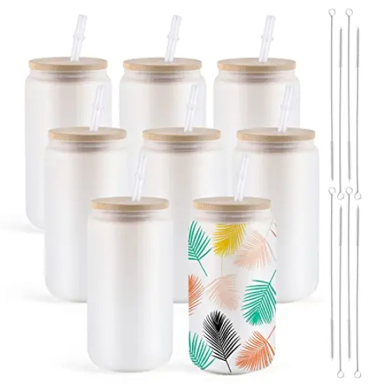 8 Pieces Sublimation Glass Blanks with Bamboo Lid - 16 Oz Frosted Sublimation Beer Can Glass - Sublimation Glass Tumblers for Iced Coffee Juice Soda Drinks {1}