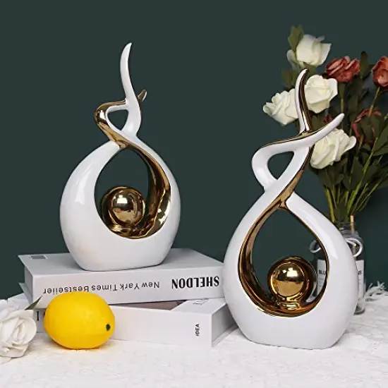 1 Pack Home Decor Modern Abstract Art Ceramic Statue Table Decorations for Dining Room Living Room Office Centerpiece (White and Gold, Small) {5}