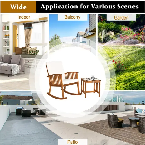Costway 2PCS Acacia Wood Patio Rocking Chair Set Cushioned Coffee Table {5}