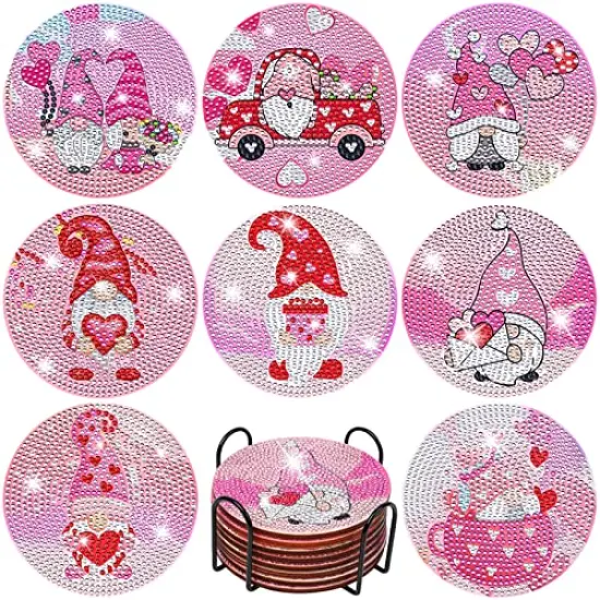 8 Pieces Valentines Day Diamond Paintings Coasters Diamond Painting Coasters with Iron Holder, DIY Gnome Diamond Painting Kit for Adults & Kids Diamond Art Craft Supplies Valentines Decorations {2}