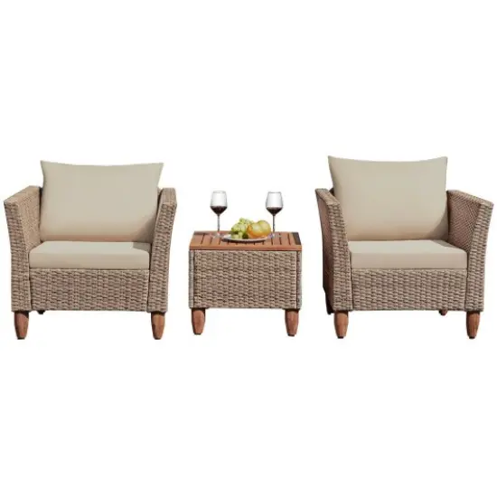 3 Pieces Patio Rattan Furniture Set With Washable Cushion for Yard Porch Beige {3}