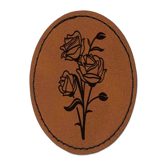 Bundle of Wild Roses Round Iron-On Engraved Faux Leather Patch Applique - 2.5" Brown {1}