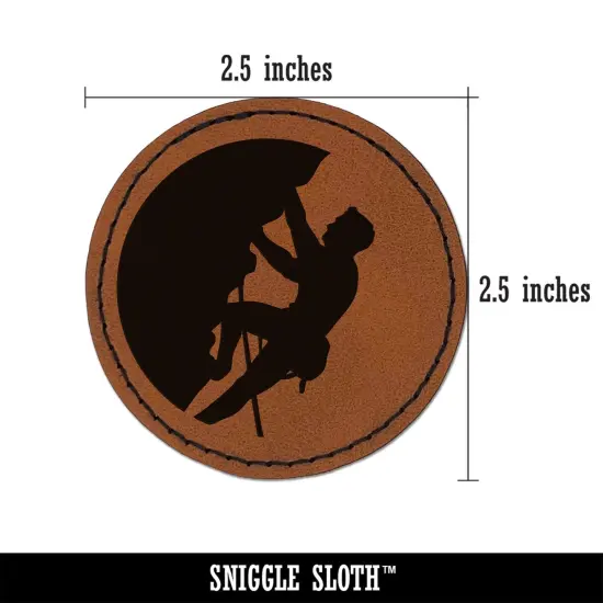 Mountain Climber Rock Climbing Hiking Round Iron-On Engraved Faux Leather Patch Applique - 2.5" Brown {2}
