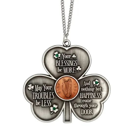 Shamrock Irish Penny House Blessing With Emerald Green Glass Stones {1}