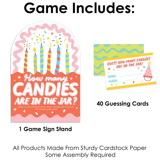 Big Dot of Happiness Party Time - How Many Candies Happy Birthday Party Game - 1 Stand and 40 Cards - Candy Guessing Game {4}