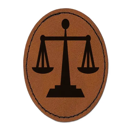 Scales of Justice Legal Lawyer Icon Round Iron-On Engraved Faux Leather Patch Applique - 2.5" Brown {1}