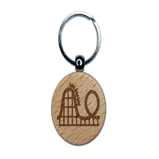 Roller Coaster Amusement Park Engraved Wood Round Keychain Tag Charm {1}