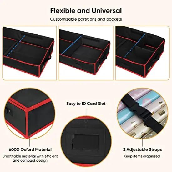 BALEINE Christmas Wrapping Paper Storage Organizer with Flexible Partitions and Pockets, 40" Durable 600D Oxford Fabric Gift Wrap Storage Bag Fits Ribbon, Ornaments, Holiday Accessories (Black/Red) {6}