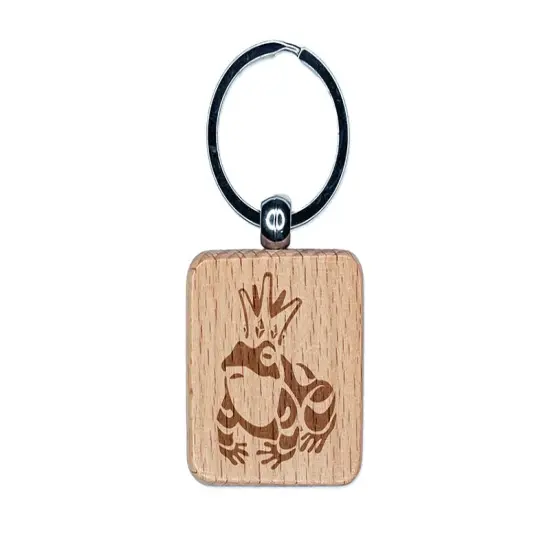 Frog Prince with Crown Engraved Wood Square Keychain Tag Charm {1}